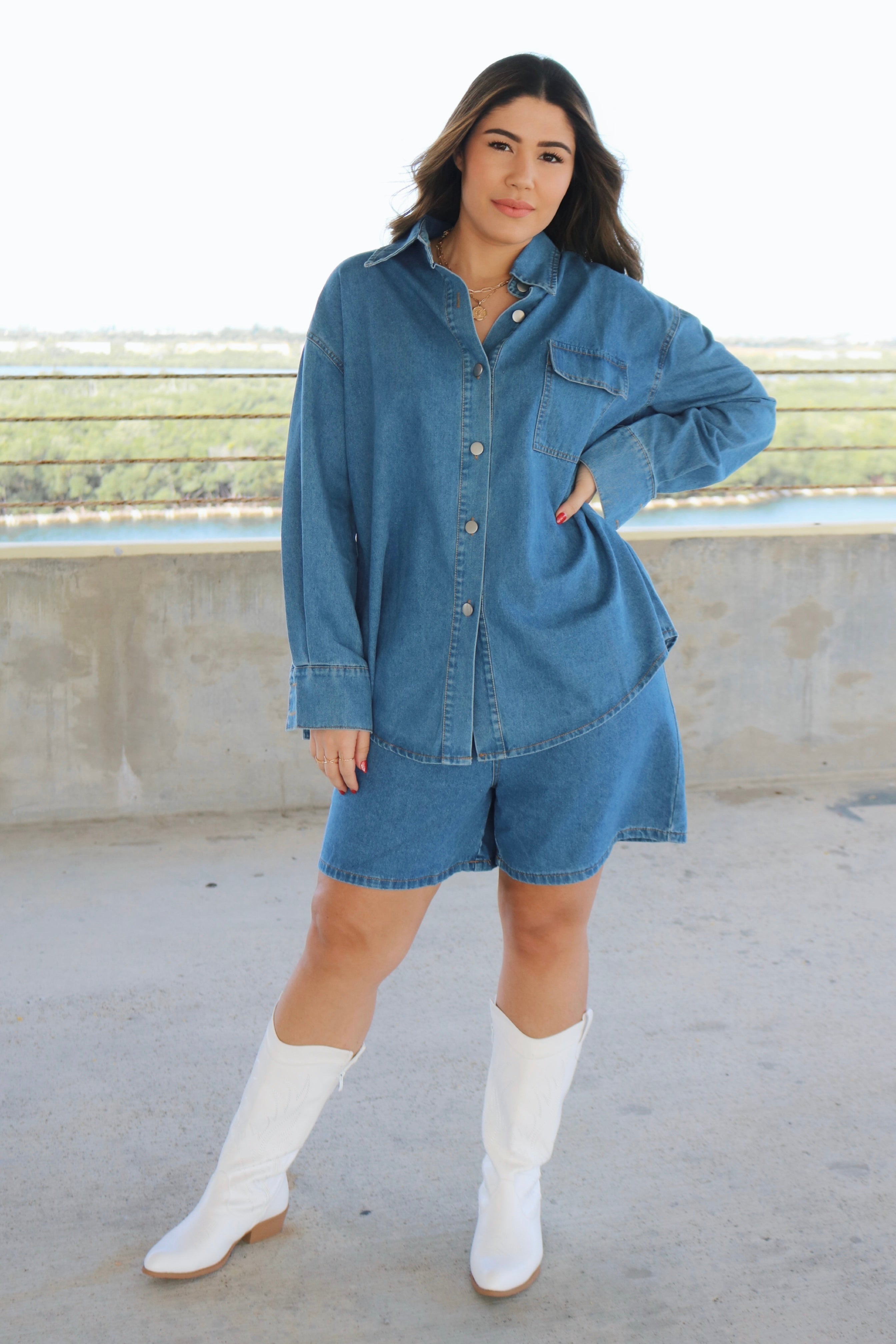 'Valeria' Cotton Button Down Blouse and High Waisted Short Set in Denim, Scarlette The Label Online Boutique for Women