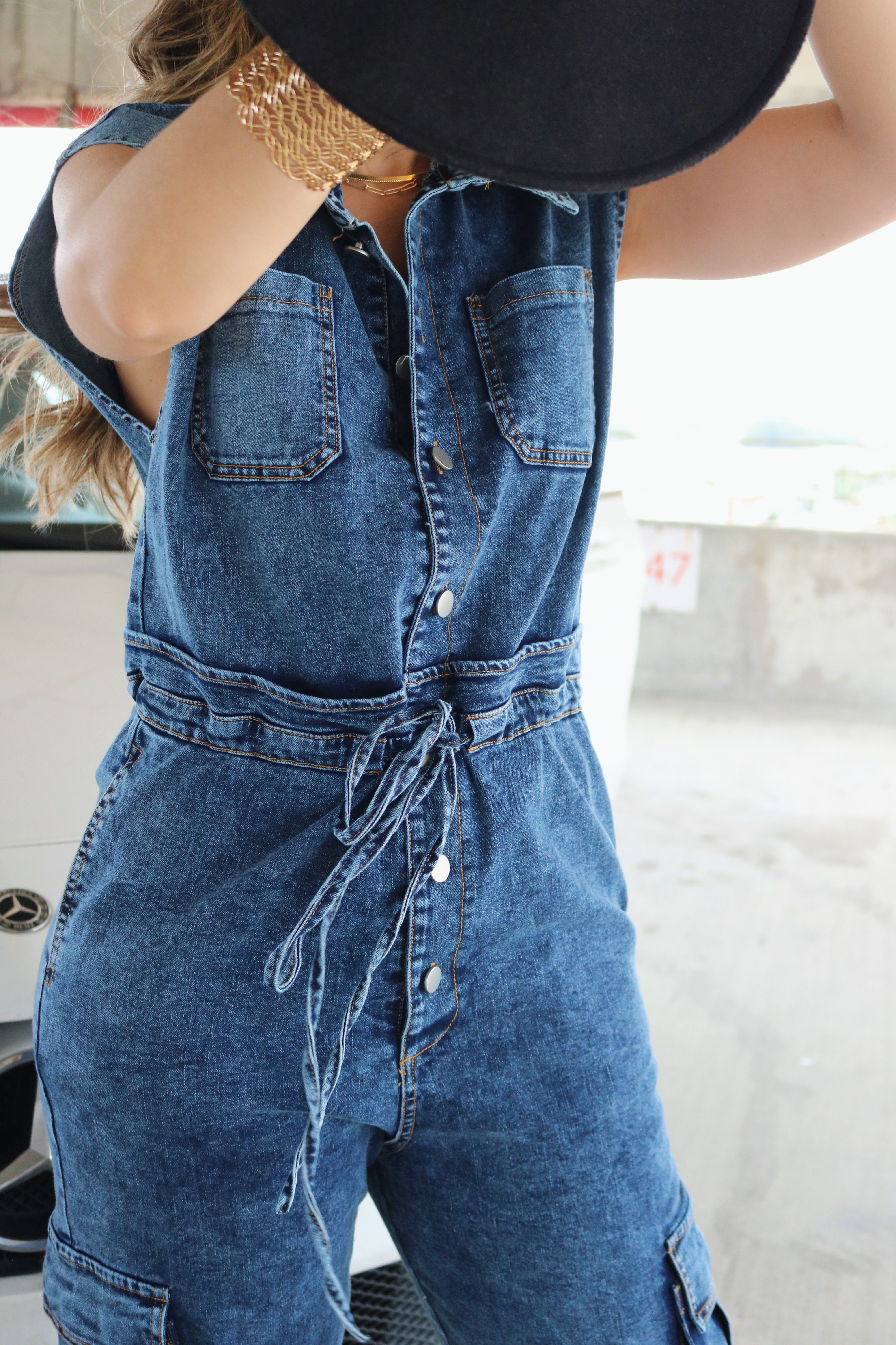 'Hosk' Buttoned Tie Jumpsuit w/ Pockets in Dark Denim, Scarlette The Label Online Fashion Boutique for Women