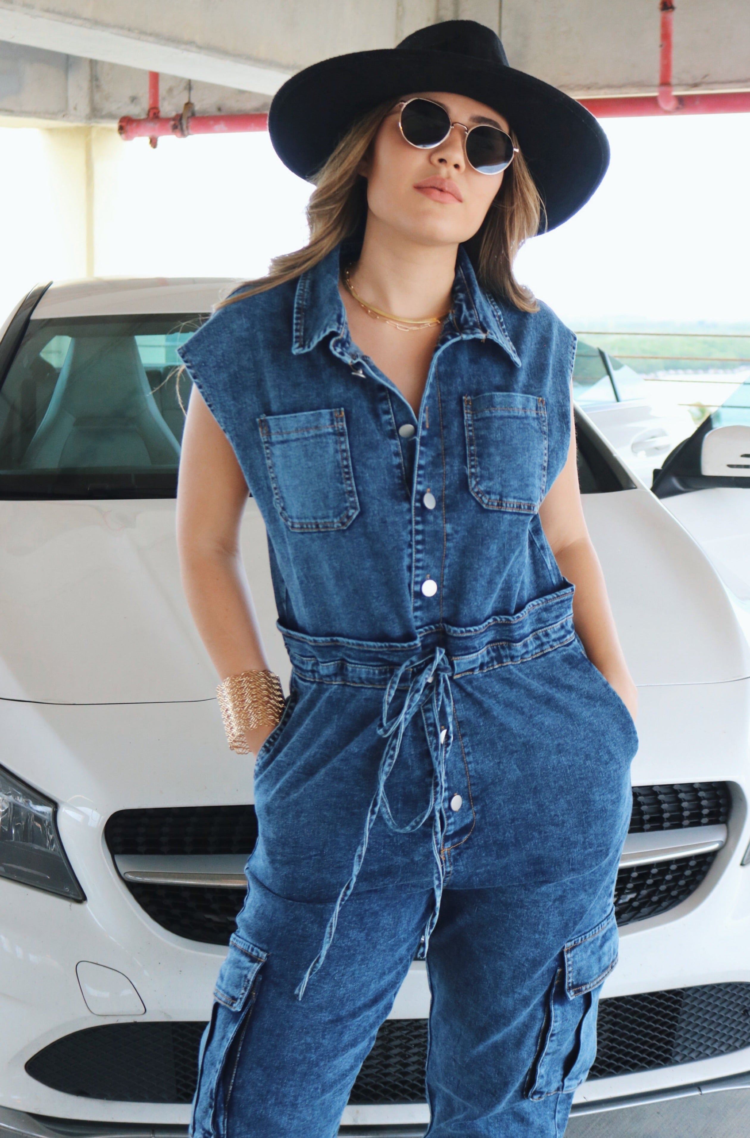 'Hosk' Buttoned Tie Jumpsuit w/ Pockets in Dark Denim, Scarlette The Label Online Fashion Boutique for Women