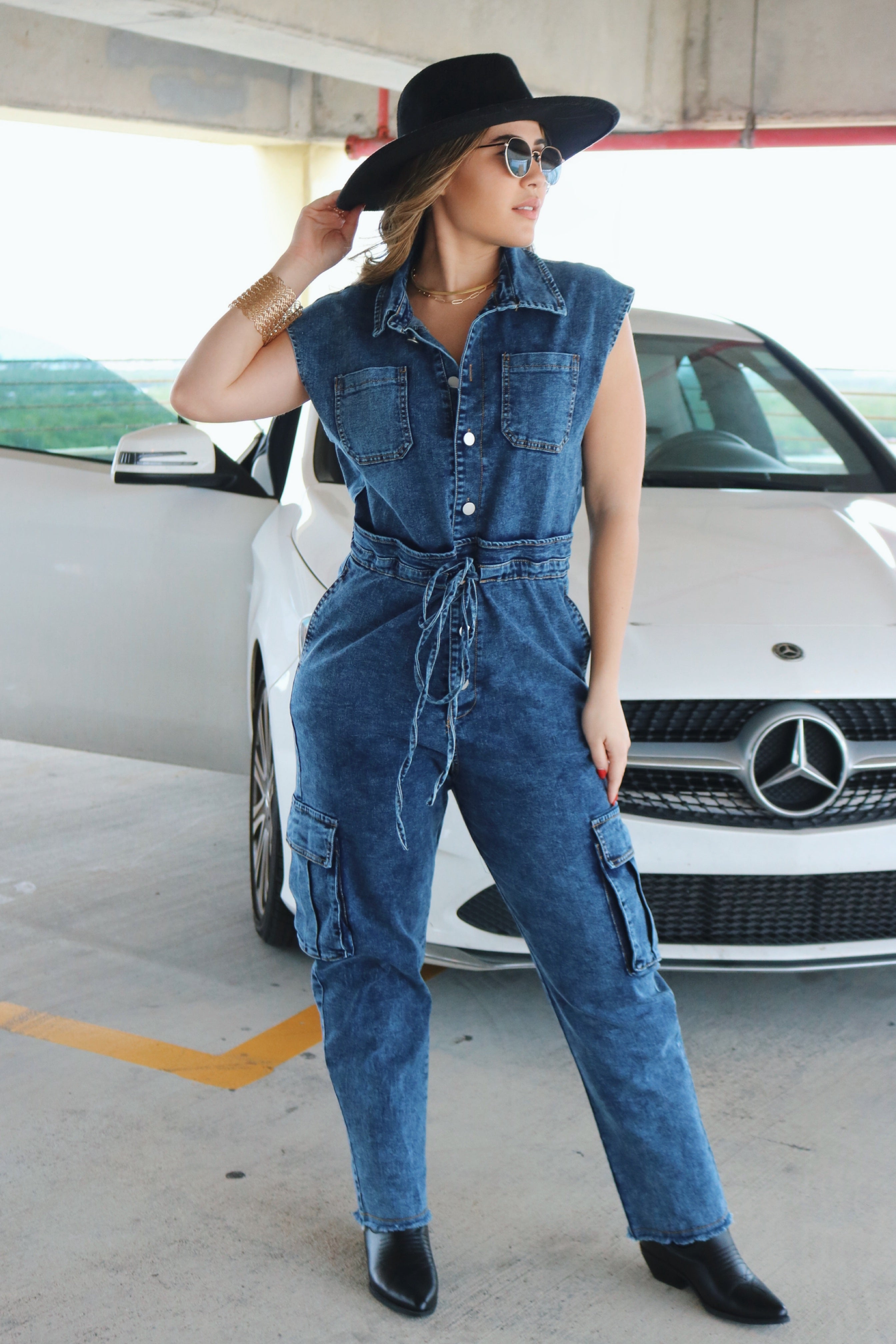 'Hosk' Buttoned Tie Jumpsuit w/ Pockets in Dark Denim, Scarlette The Label Online Fashion Boutique for Women