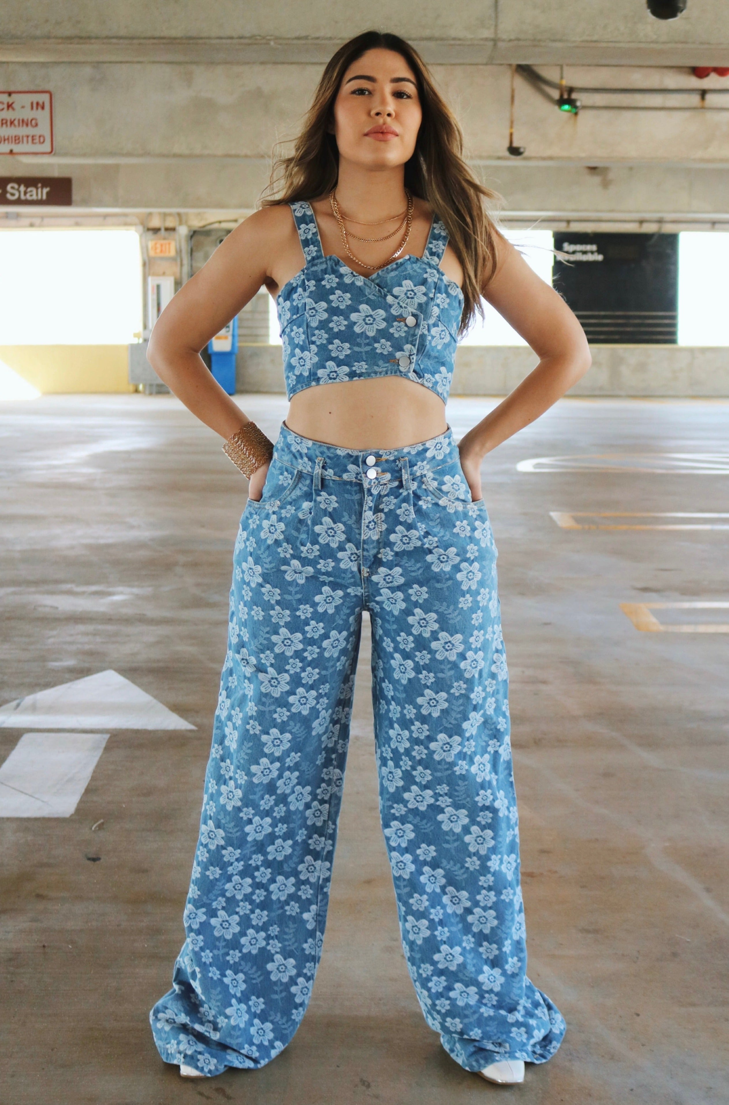 'Skye' Floral Print Double Breasted Top and Flare Jeans in Denim, Scarlette The Label Online Fashion Boutique for Women