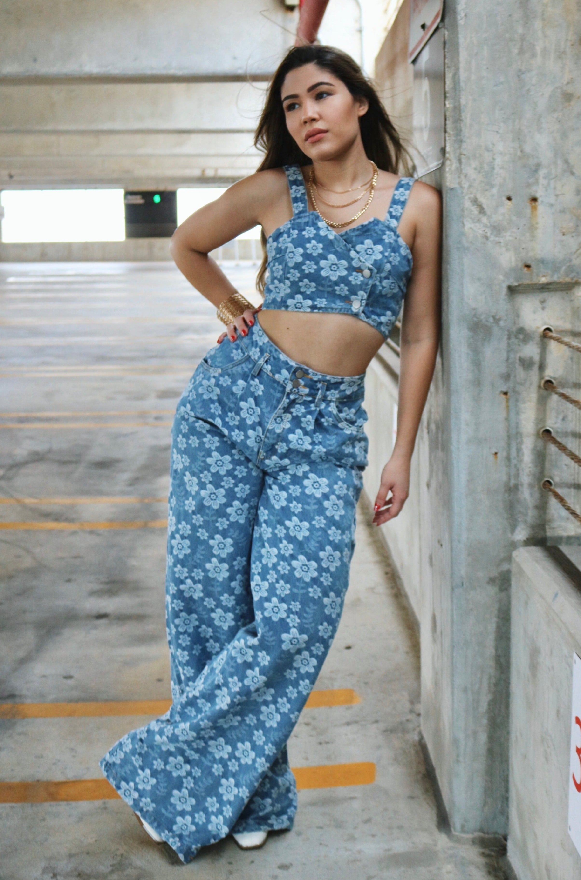 'Skye' Floral Print Double Breasted Top and Flare Jeans in Denim, Scarlette The Label Online Fashion Boutique for Women