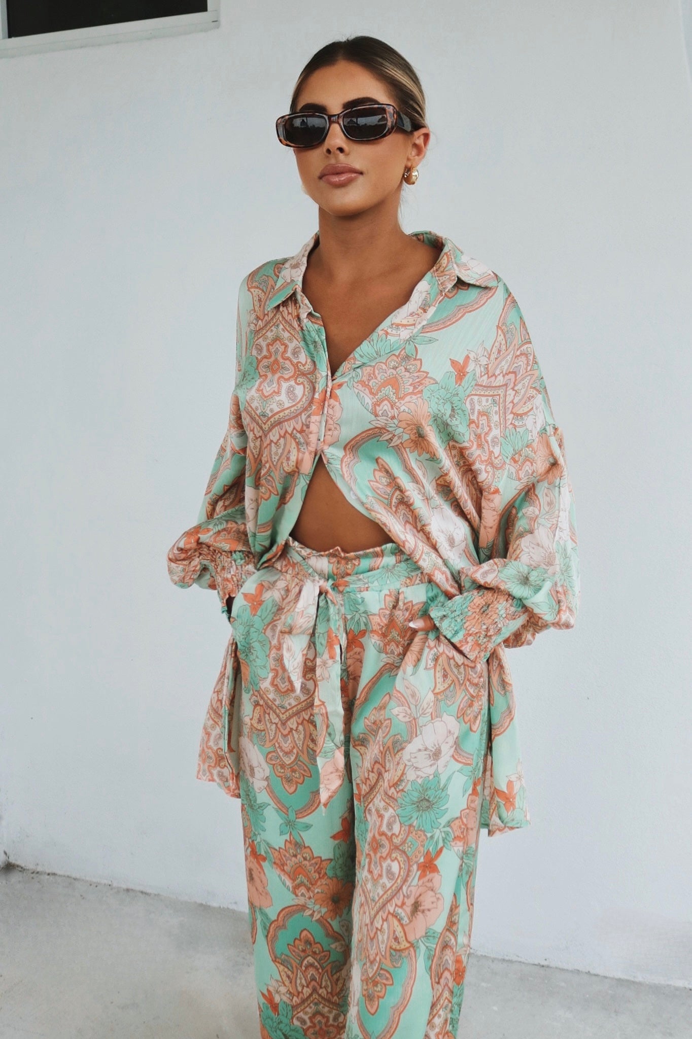 Calista Silk Button Down Blouse and Wide Leg Pant Set