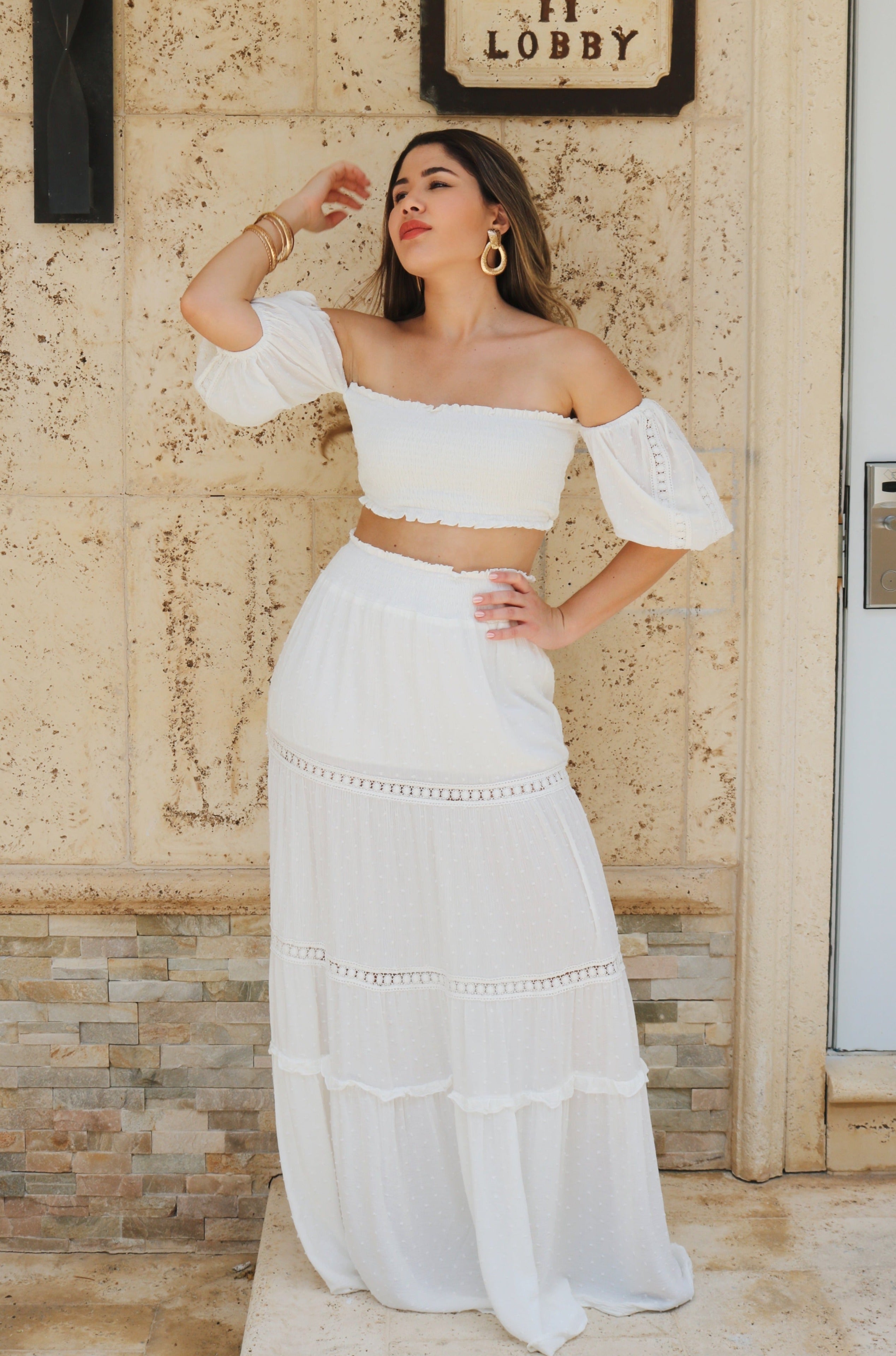 'Malia' Ruffled Vacation Maxi Skirt Set in White