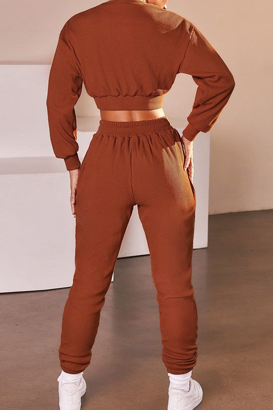 100% cotton luxury loungewear set in color Rust for Scarlette The Label, an online fashion boutique for women.