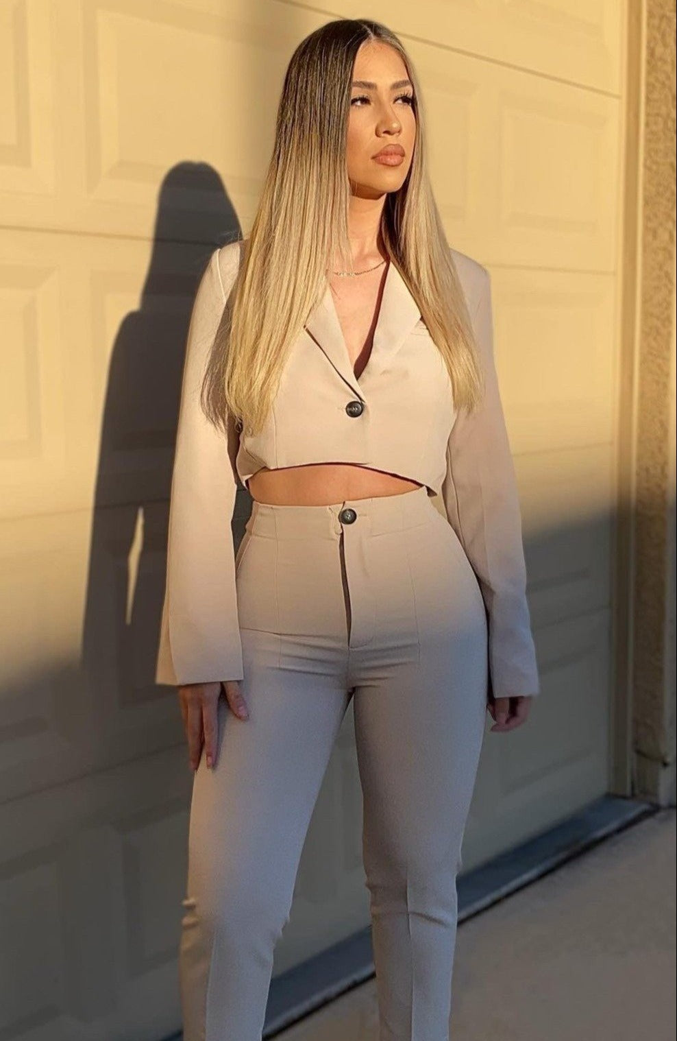 Single Breasted Cropped Blazer Pant Set in Beige. Scarlette The Label, an online fashion boutique and label for women.