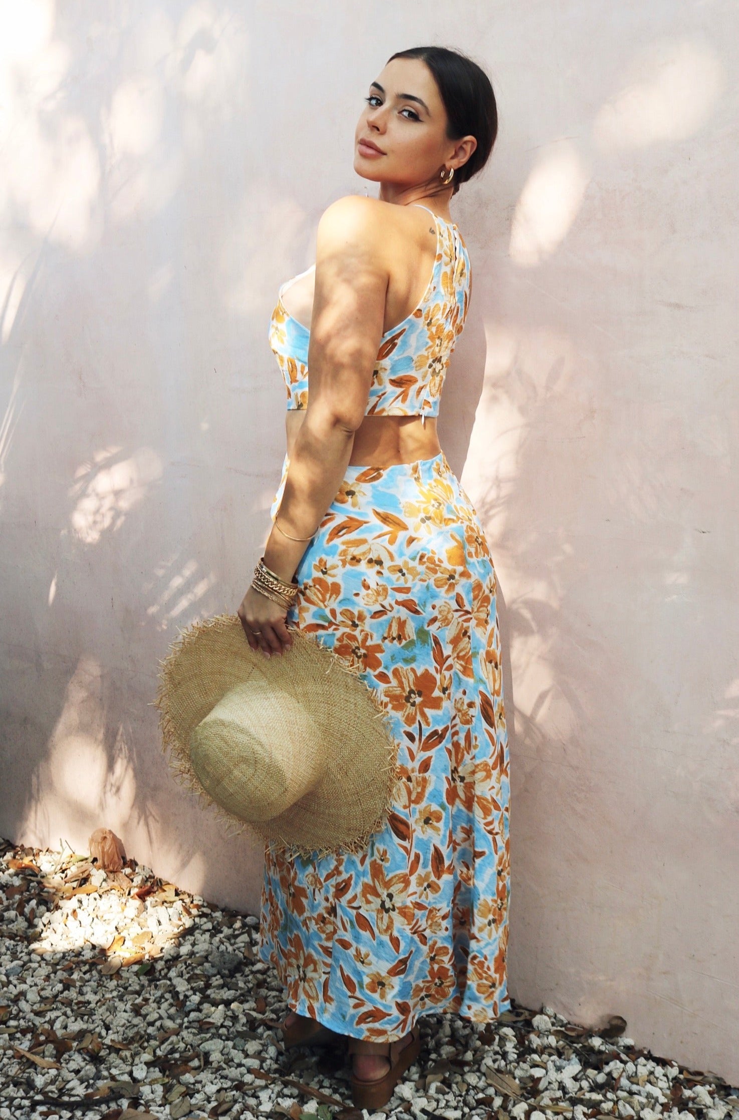 Aurora' Knotted Cut Out Midi Dress in Baby Blue and Orange Floral, Scarlette The Label, an online fashion boutique for women.