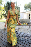 'Meadow' O Ring Sunset Plunge Dress in Green and Gold Print. Scarlette The Label, an online fashion boutique for women.