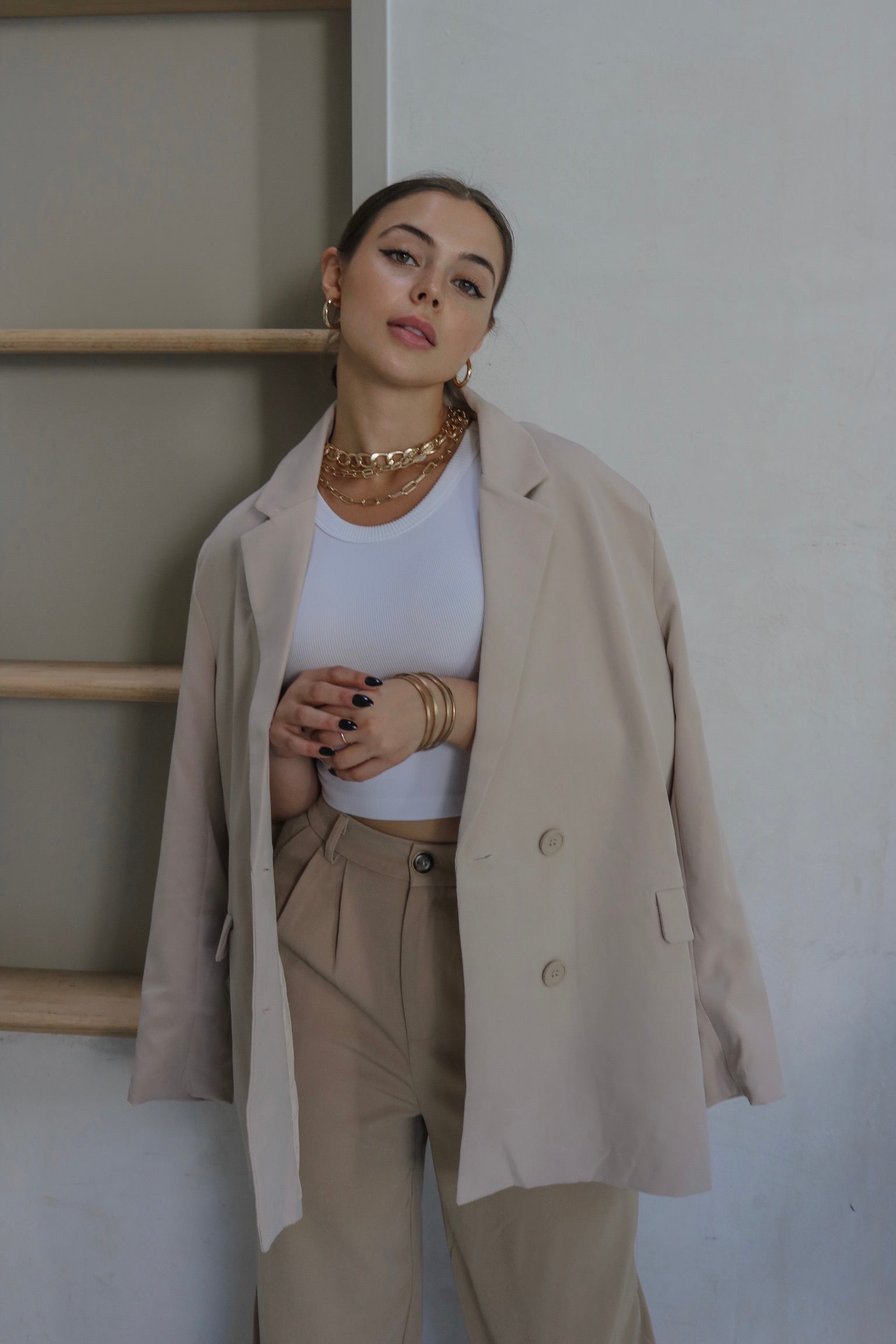 Woven Oversized Double Breasted Blazer in Sand (Beige). Scarlette The Label, an online fashion boutique for women.