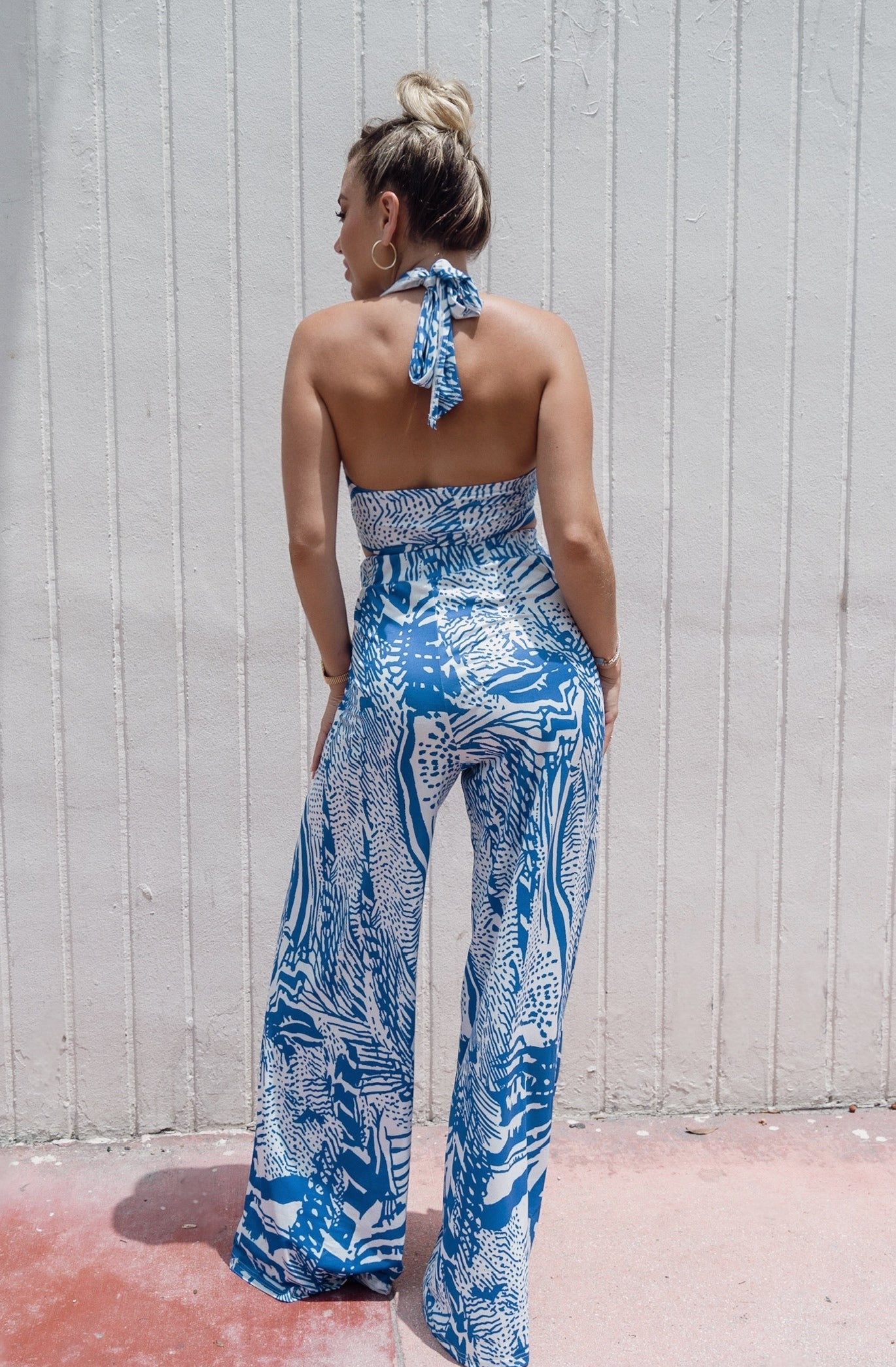 'Al Mare' Cross Halter and Wide Leg Printed Pant Set in Blue, Scarlette The Label, an online fashion boutique for women.