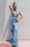 'Al Mare' Cross Halter and Wide Leg Printed Pant Set in Blue, Scarlette The Label, an online fashion boutique for women.