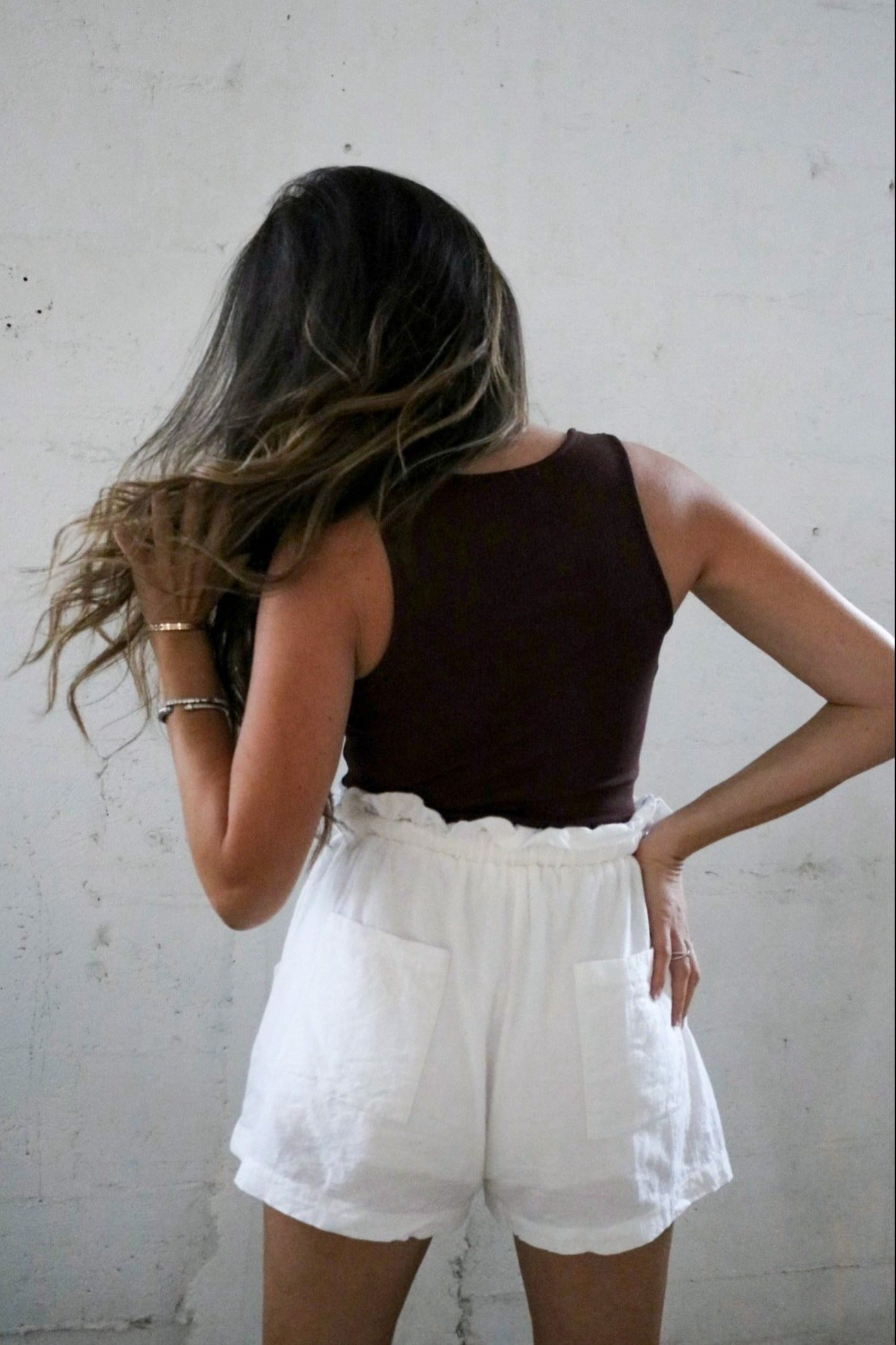 Cutout Ribbed Tank Top in Chocolate Brown and White Shorts. The Color Coded Collection. Scarlette The Label, an online fashion boutique for women.