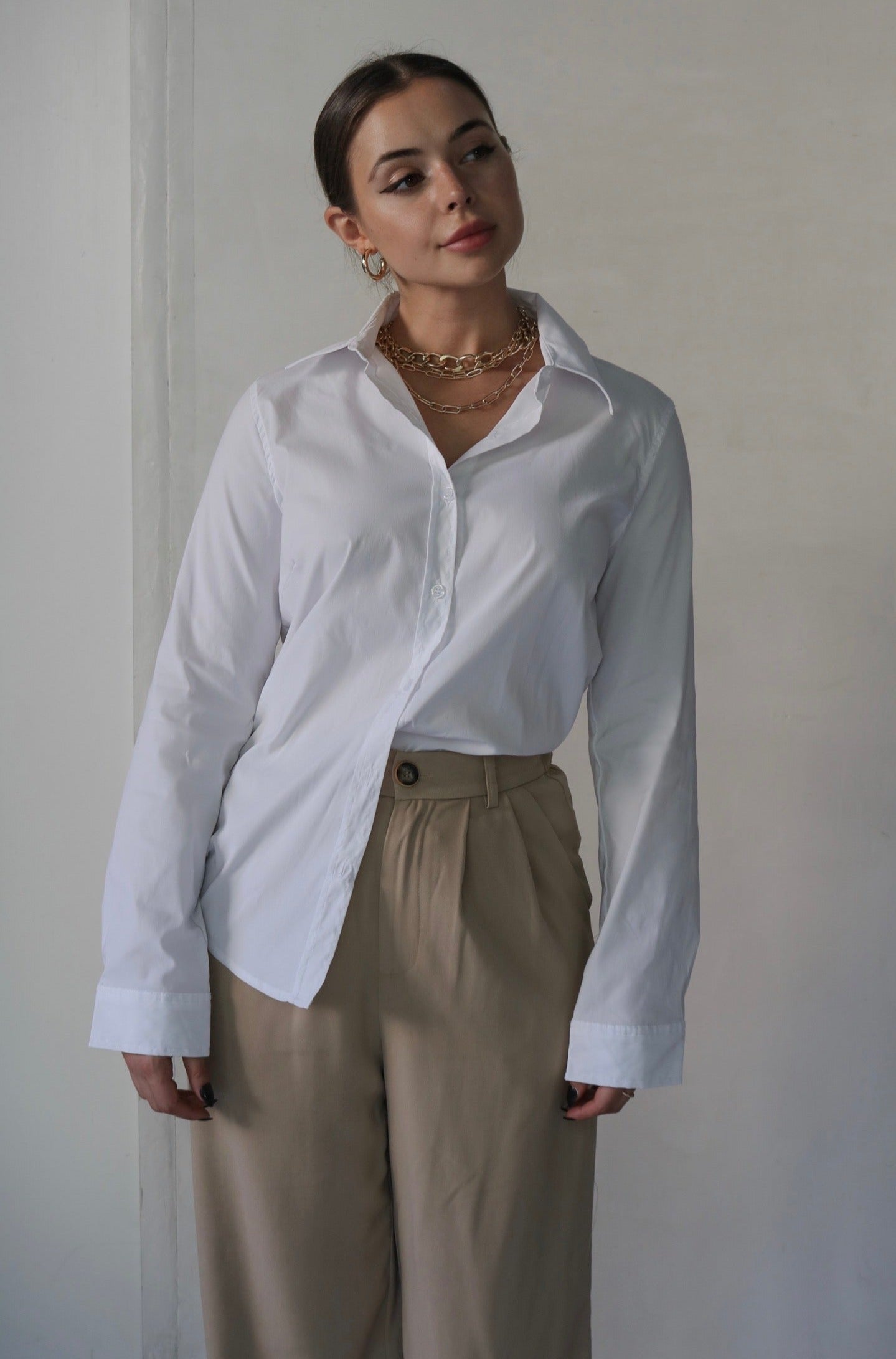 Classic Solid Collared Button Down Shirt in White. Scarlette The Label, an online fashion boutique for women.