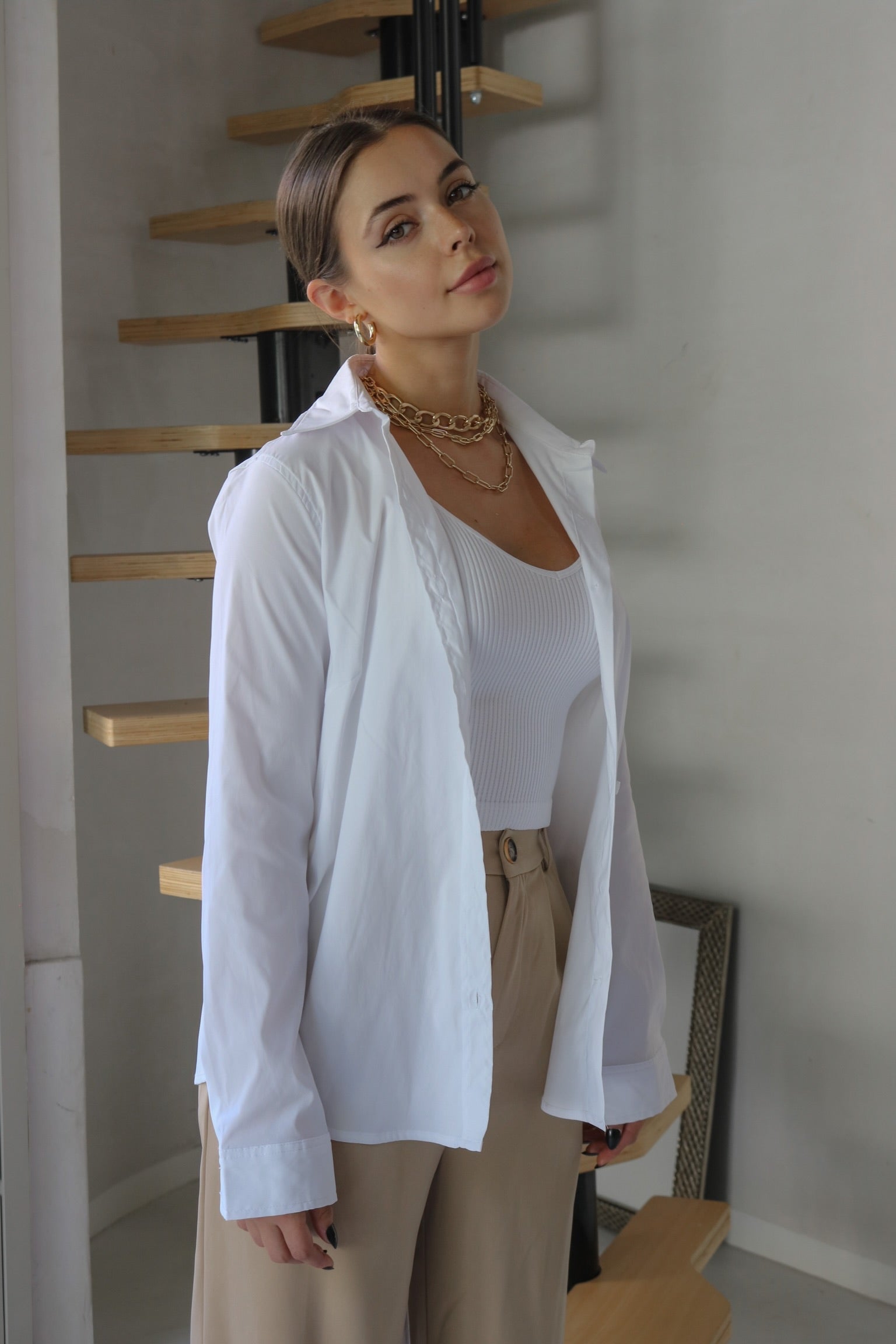 Classic Solid Collared Button Down Shirt in White. Scarlette The Label, an online fashion boutique for women.