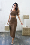 Cutout Ribbed Knit Midi Dress in Brown. The Color Coded Collection. Scarlette The Label, an online fashion boutique for women.