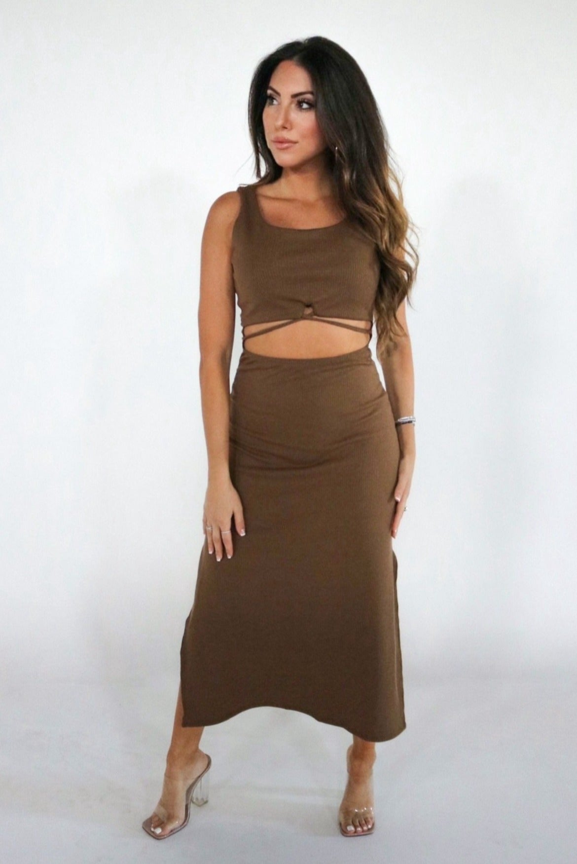 Cutout Ribbed Knit Midi Dress in Brown. The Color Coded Collection. Scarlette The Label, an online fashion boutique for women.