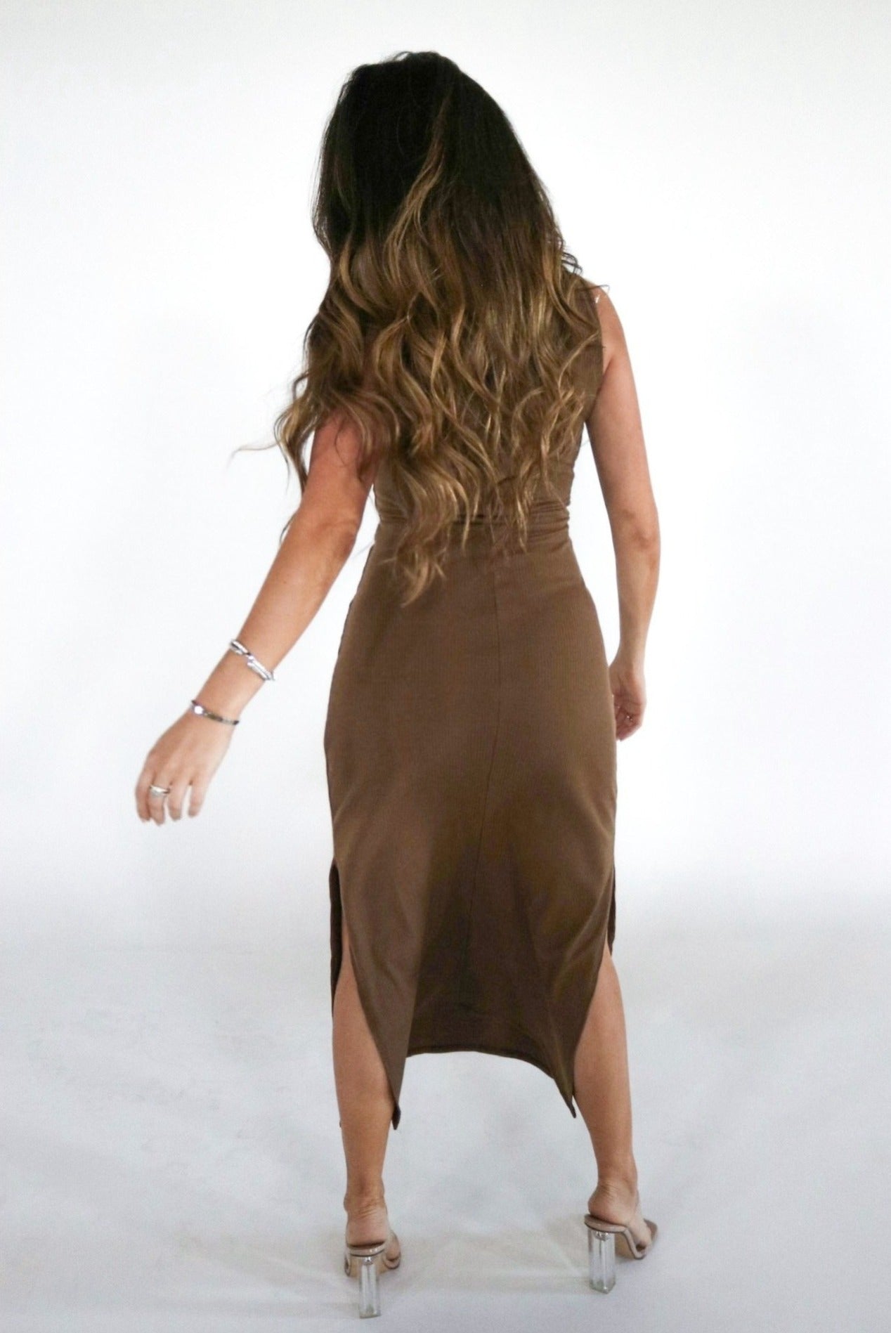 Cutout Ribbed Knit Midi Dress in Brown. The Color Coded Collection. Scarlette The Label, an online fashion boutique for women.