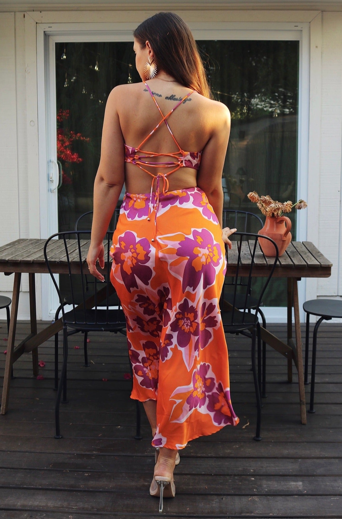 'Petunia' Halter Cut Out Midi Dress in Orange Floral. Scarlette The Label, an online fashion boutique for women.