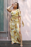 'Anastasia' One Shoulder Cut Out Bow Tie Dress in Gold Print. Scarlette The Label, an online fashion boutique for women.