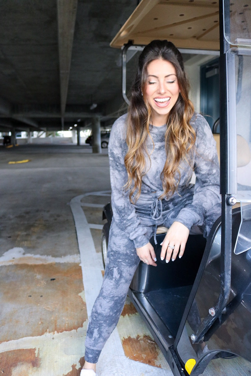 Long sleeve and pant charcoal tie dye loungewear set for Scarlette the Label, an online fashion boutique for women.