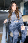 Long sleeve and pant charcoal tie dye loungewear set for Scarlette the Label, an online fashion boutique for women.