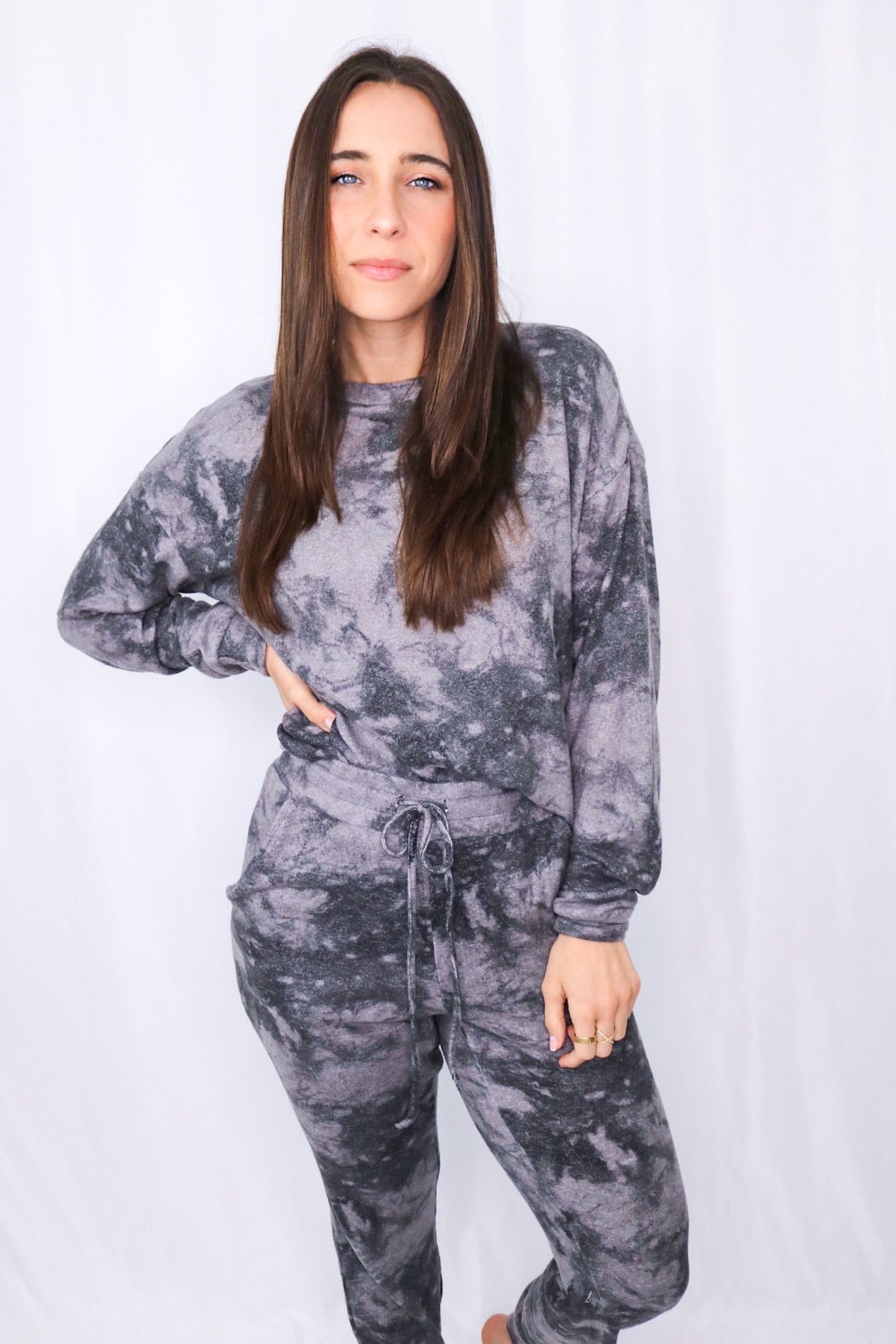 Long sleeve and pant charcoal tie dye loungewear set for Scarlette the Label, an online fashion boutique for women.