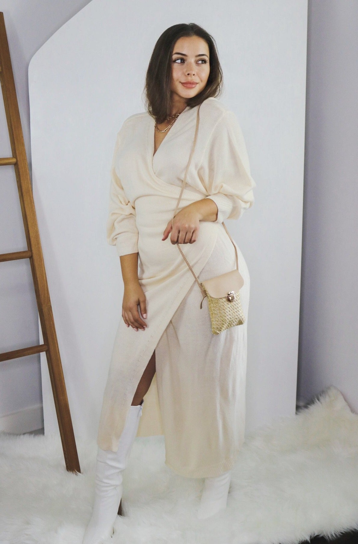 Long Sleeve Sweater Knit Wrap Midi Dress in Cream. Scarlette The Label, an online fashion boutique and label.