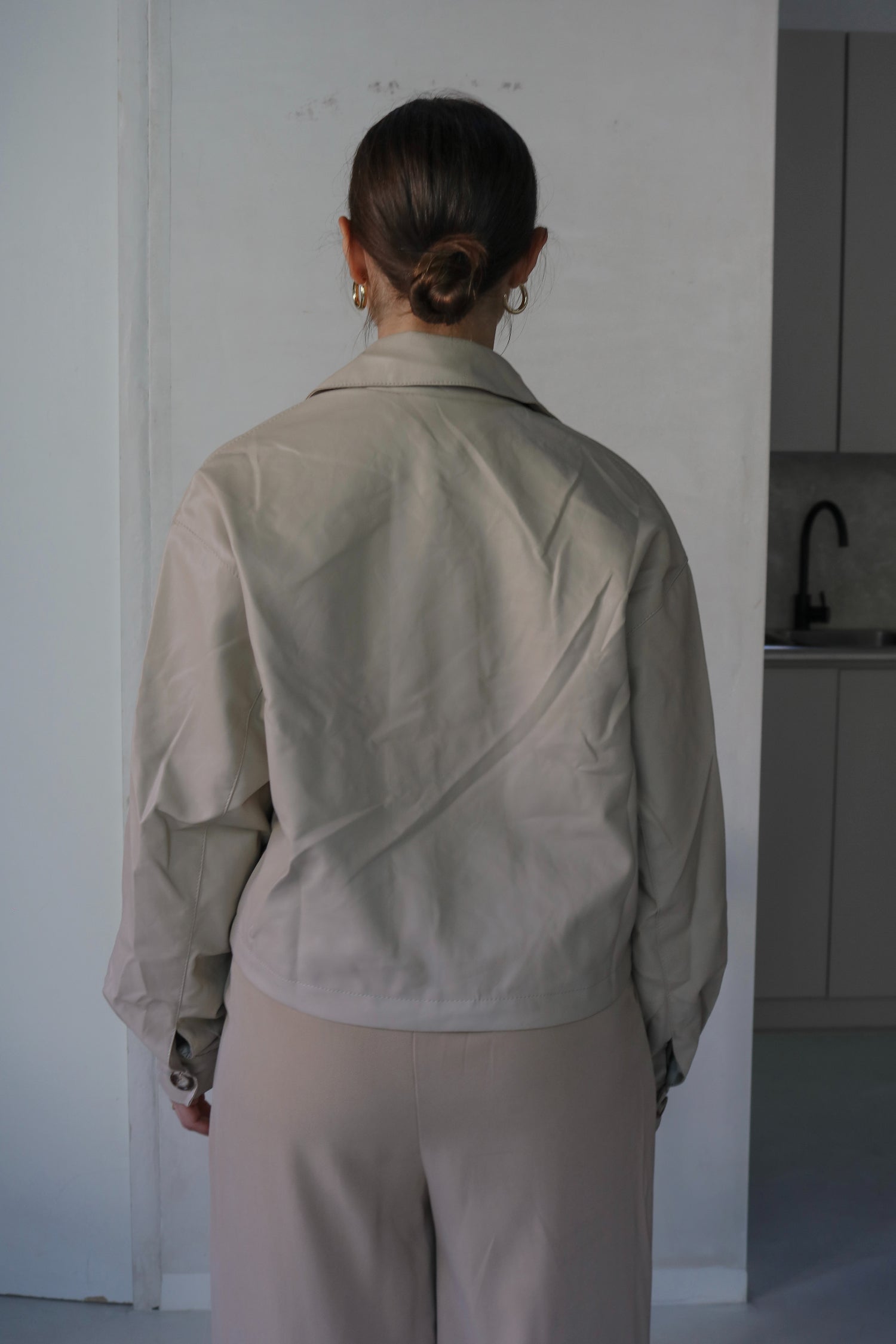 Collared Faux Leather Jacket in Beige. Scarlette The Label, an online fashion boutique for women.