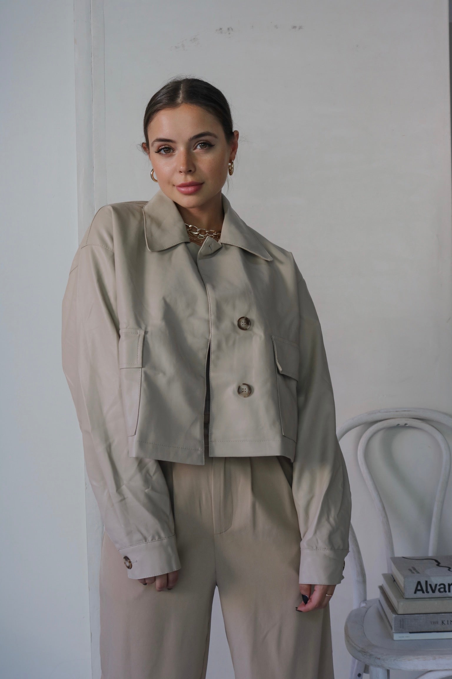 Collared Faux Leather Jacket in Beige. Scarlette The Label, an online fashion boutique for women.