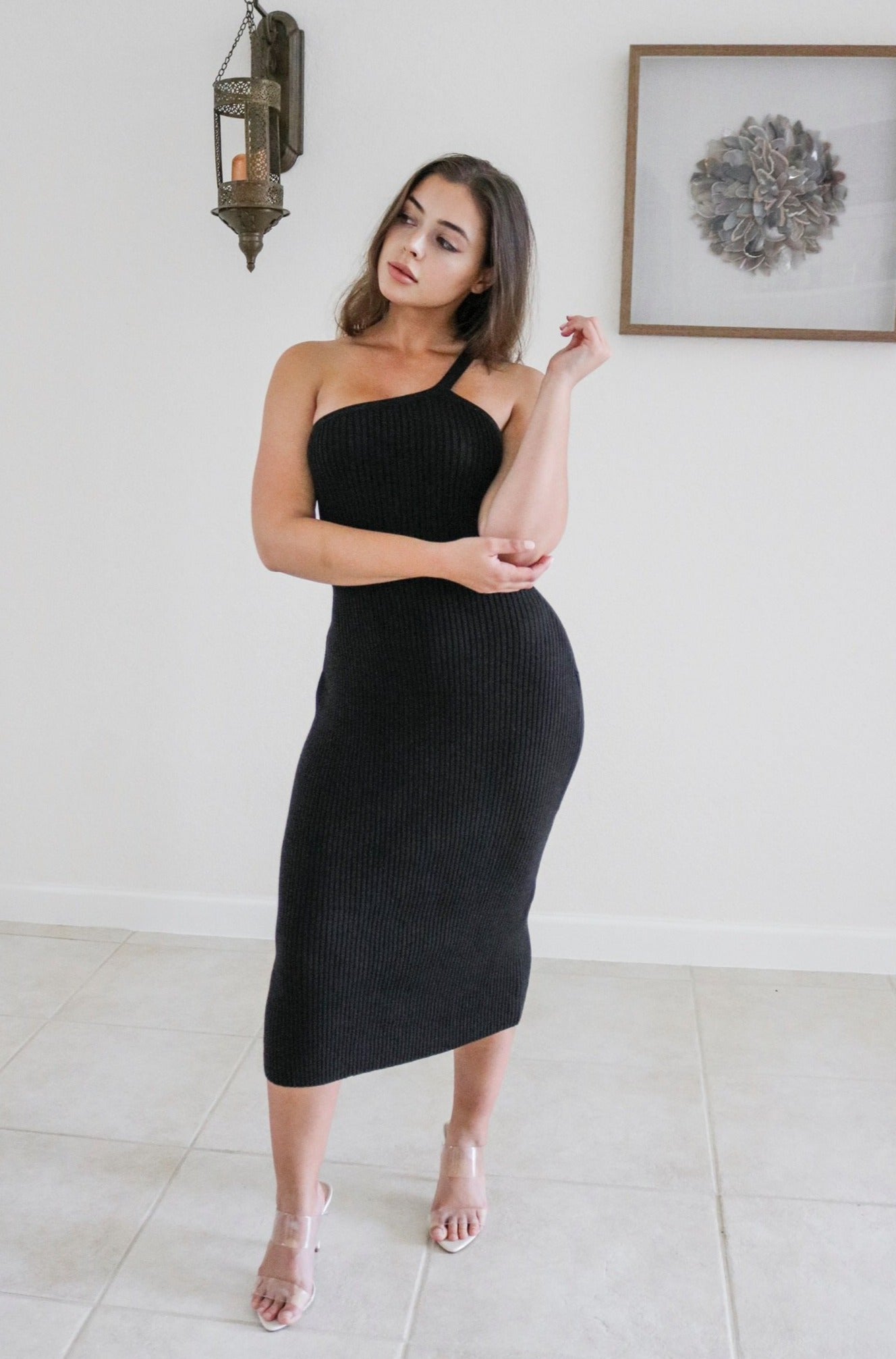 One Shoulder Ribbed Midi Dress in Black. Scarlette The Label, an online fashion boutique and label for women.