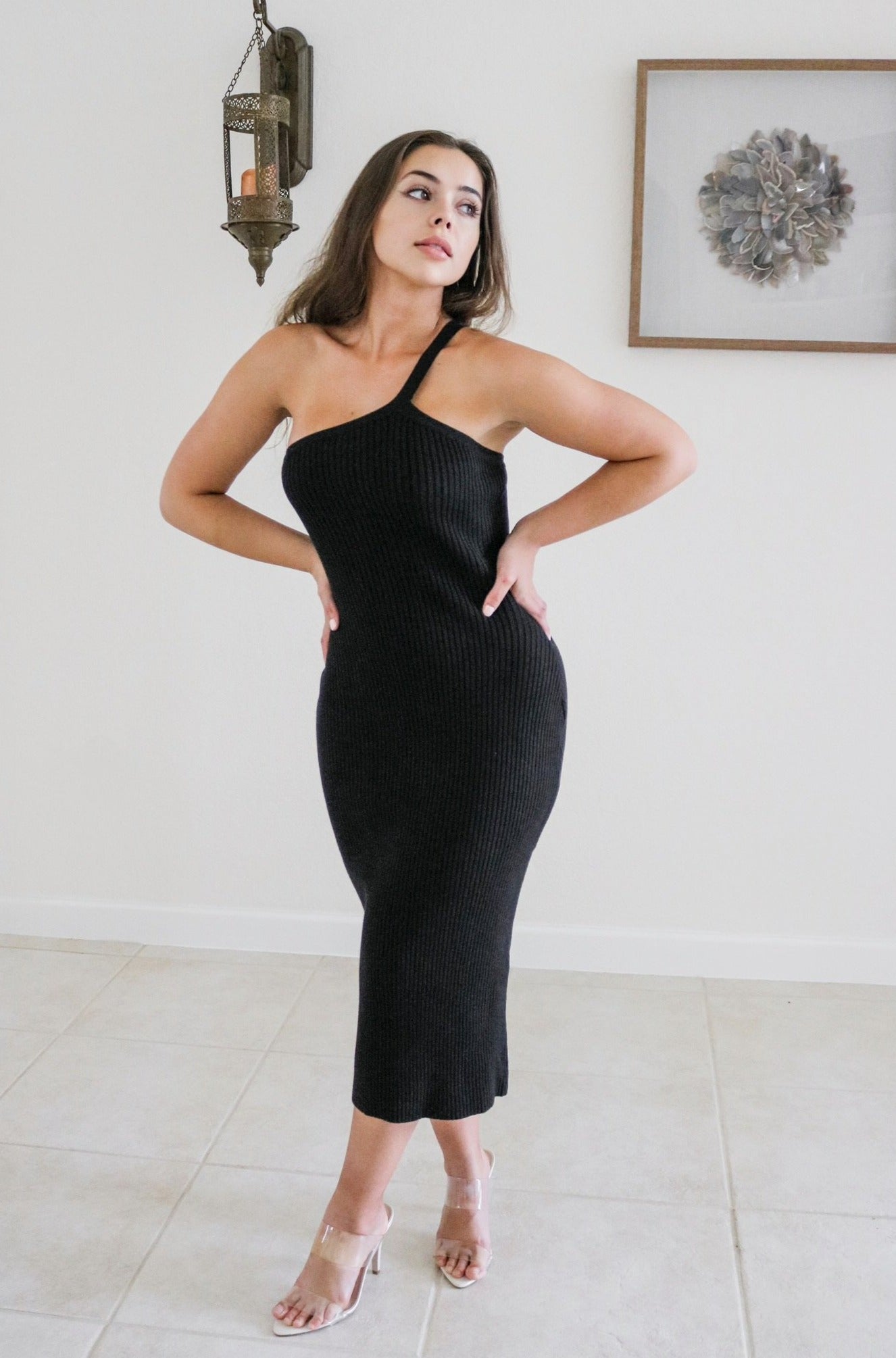 One Shoulder Ribbed Midi Dress in Black. Scarlette The Label, an online fashion boutique and label for women.