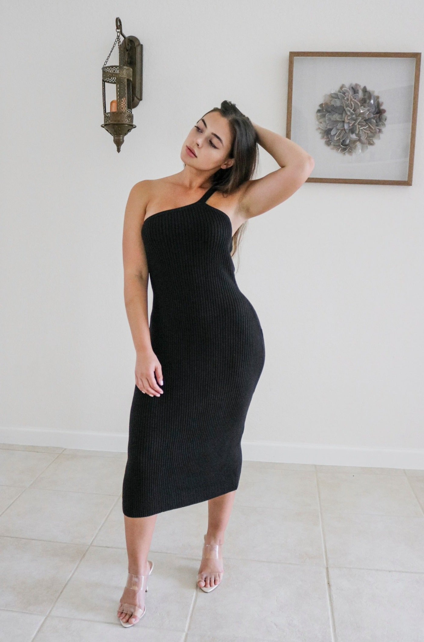 One Shoulder Ribbed Midi Dress in Black. Scarlette The Label, an online fashion boutique and label for women.