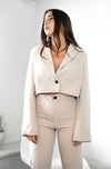 Single Breasted Cropped Blazer Pant Set in Beige. Scarlette The Label, an online fashion boutique and label for women.