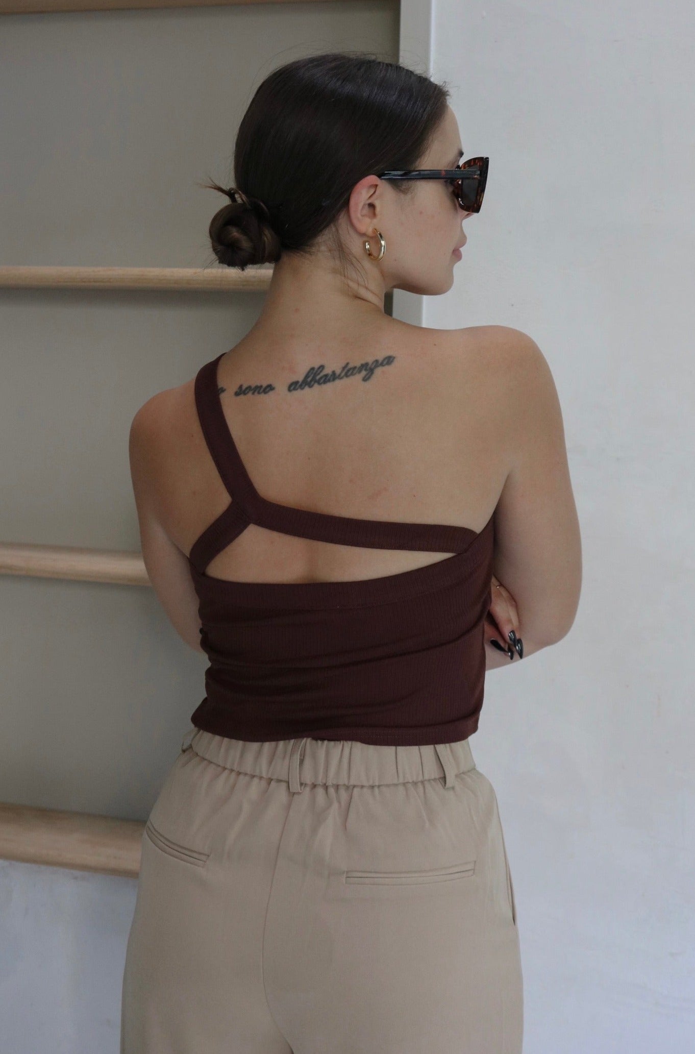 One Shoulder Tank Top in Chocolate Brown. Scarlette The Label, an online fashion boutique for women.