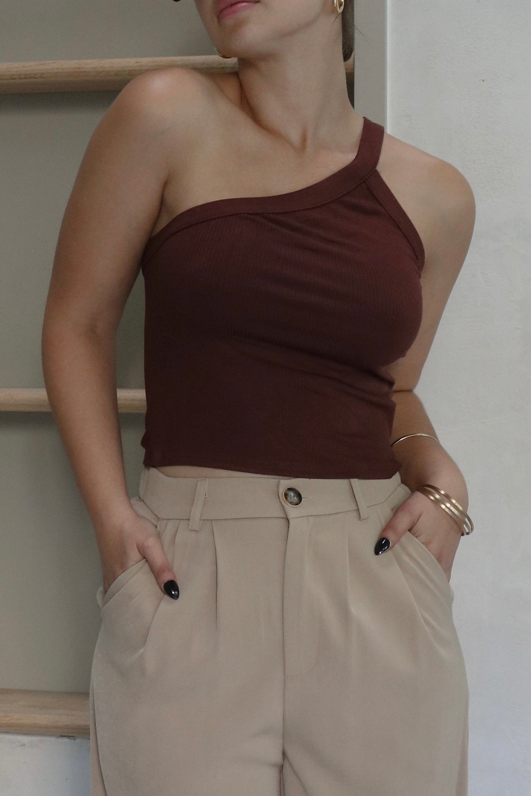 One Shoulder Tank Top in Chocolate Brown. Scarlette The Label, an online fashion boutique for women.