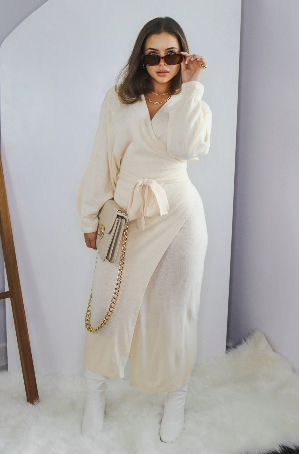 Long Sleeve Sweater Knit Wrap Midi Dress in Cream. Scarlette The Label, an online fashion boutique and label.