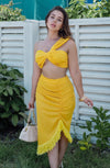 'Aquinnah' One Shoulder Twist Top and Ruched Fringe Midi Skirt Set in Yellow. Scarlette The Label, an online fashion boutique for women.