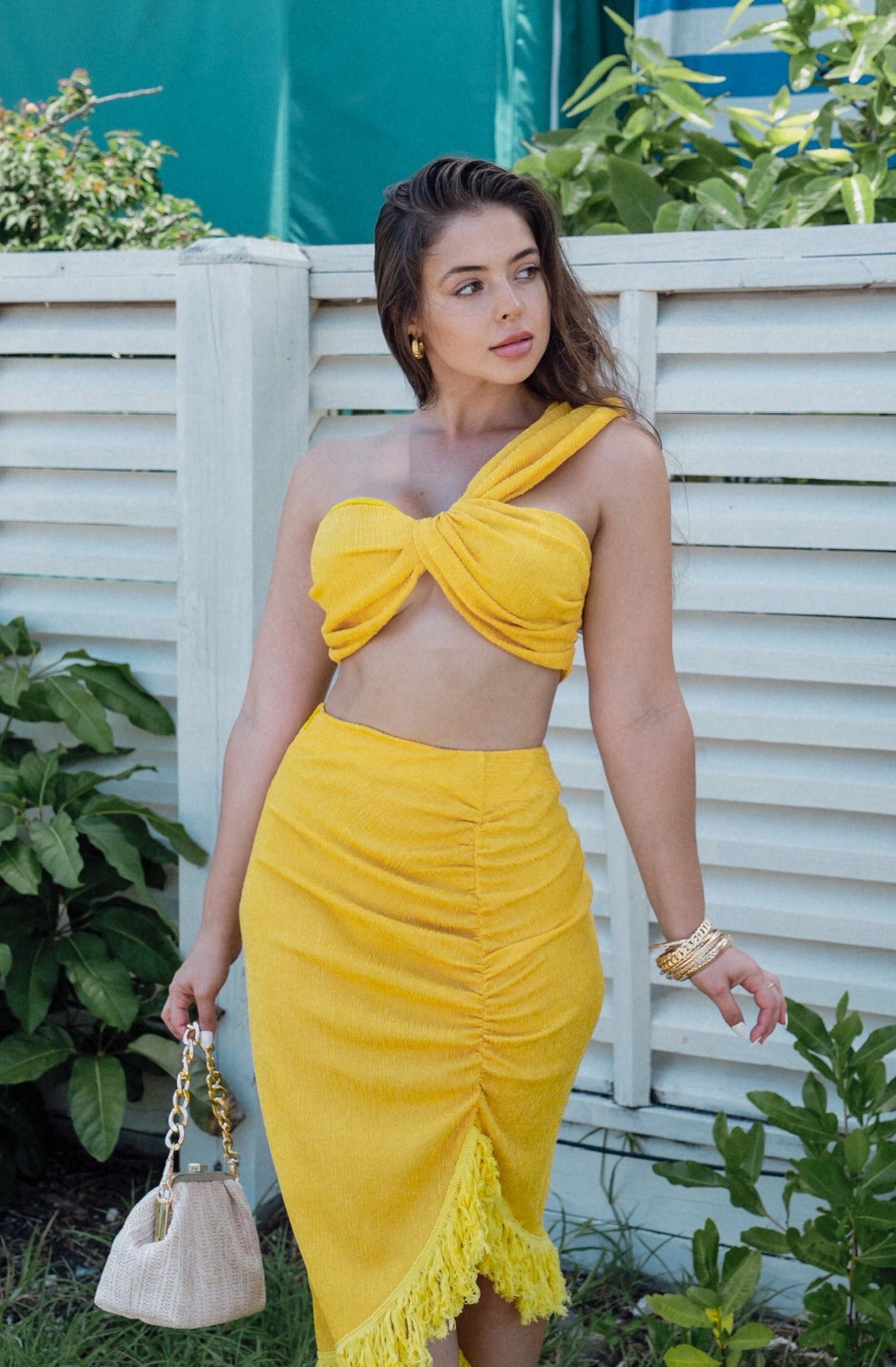 'Aquinnah' One Shoulder Twist Top and Ruched Fringe Midi Skirt Set in Yellow, Scarlette The Label, an online fashion boutique for women.