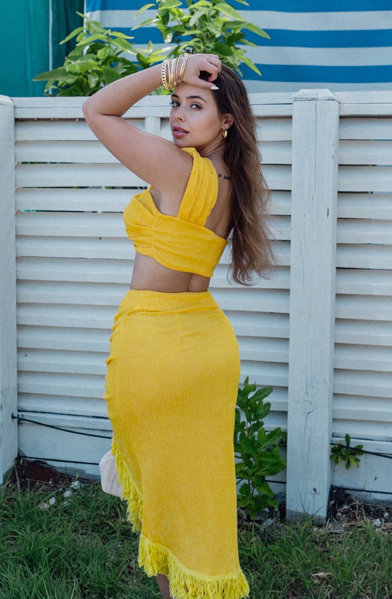 'Aquinnah' One Shoulder Twist Top and Ruched Fringe Midi Skirt Set in Yellow, Scarlette The Label, an online fashion boutique for women.